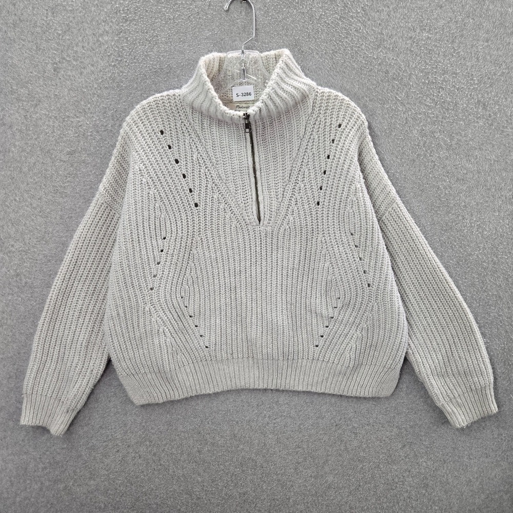 Madewell‎ Women Sweater L Gray Pointelle Ribbed Wool Blend 1/4 Zip Long Sleeve